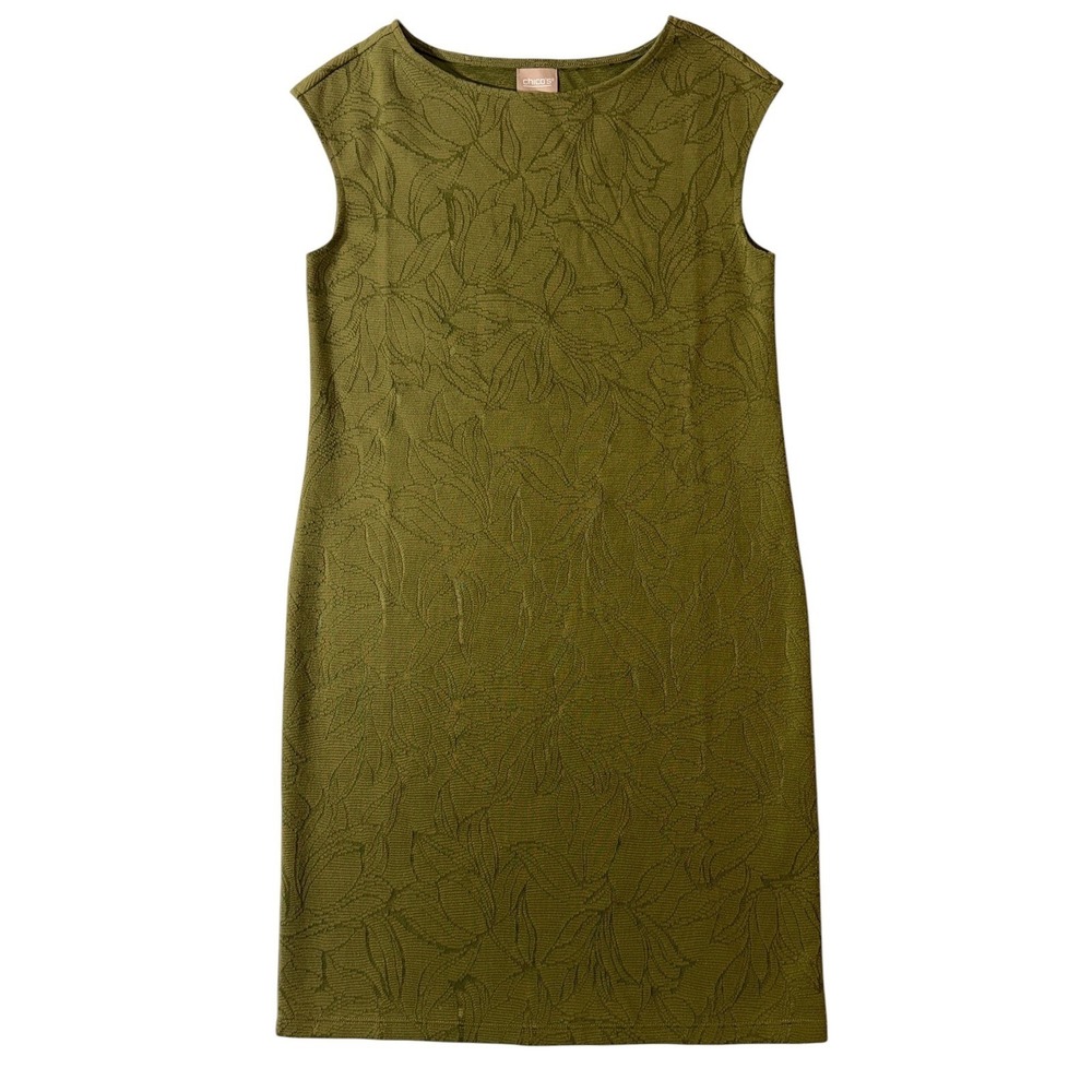 Chico's Women's Cap Sleeve Knee Length Green Jacquard Sheath Dress Size 0 Small